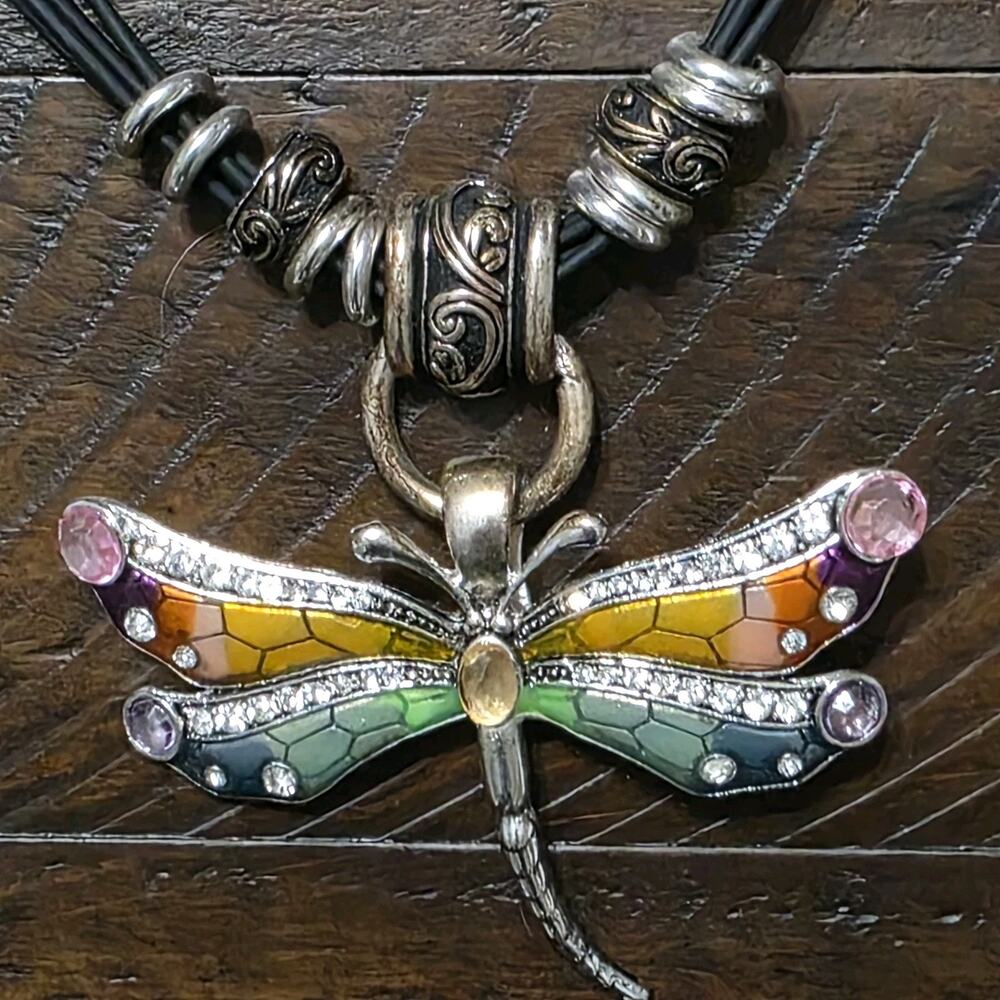 Dragonfly Pendant Necklace Multicolor Enamel Rhinestone Silver Tone Cord Stateme